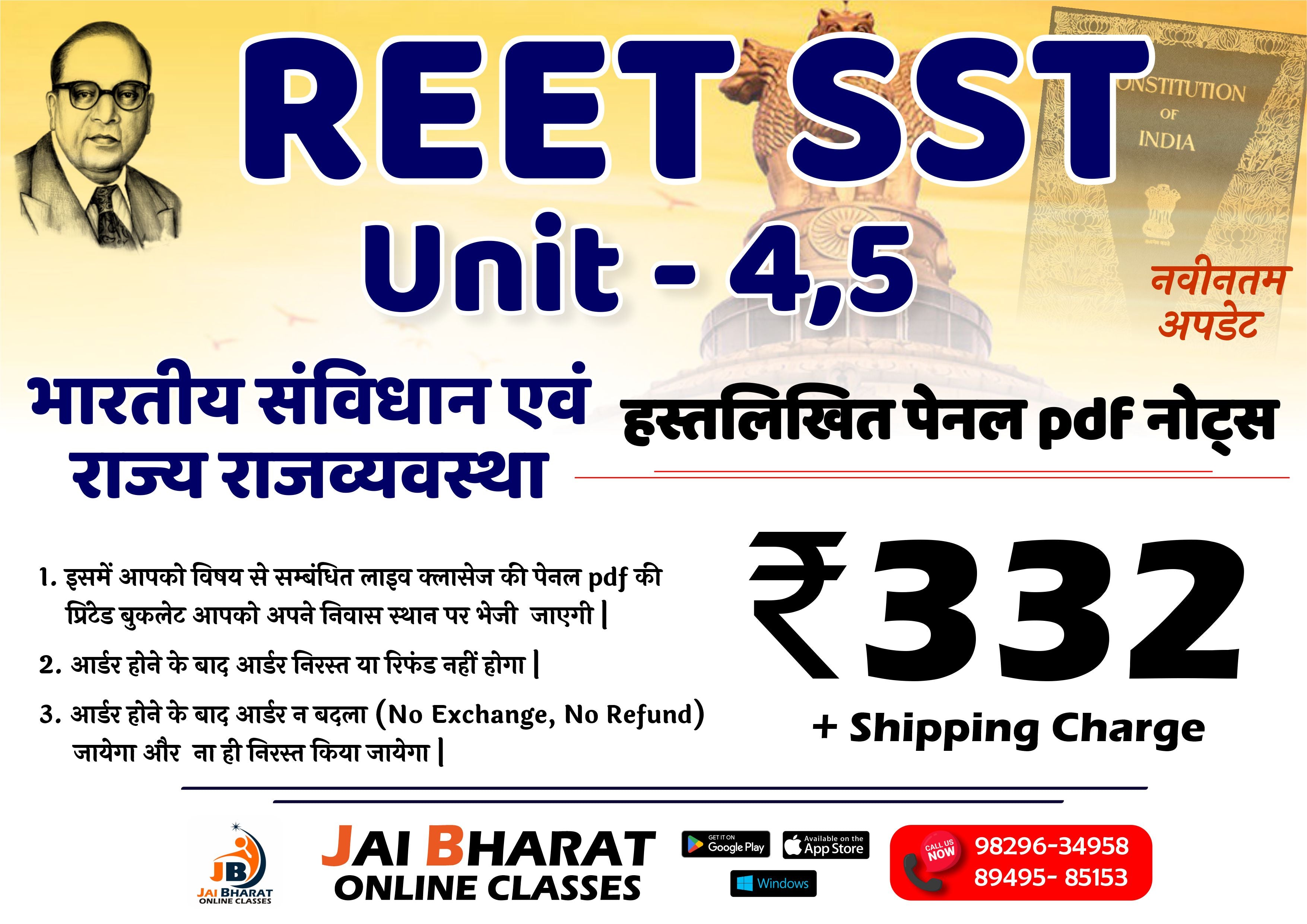 REET Pre SST - Unit 4,5 भारतीय संविधान एवं राज्य राजव्यवस्था  हस्तलिखित पेनल pdf नोट्स